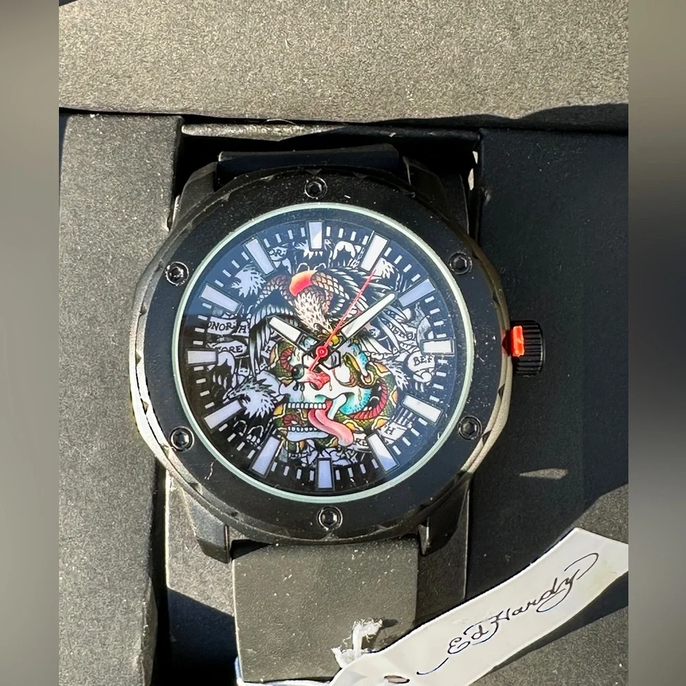 NEW Matte Black Silicone Strap Multicolor Ed Hardy Watch